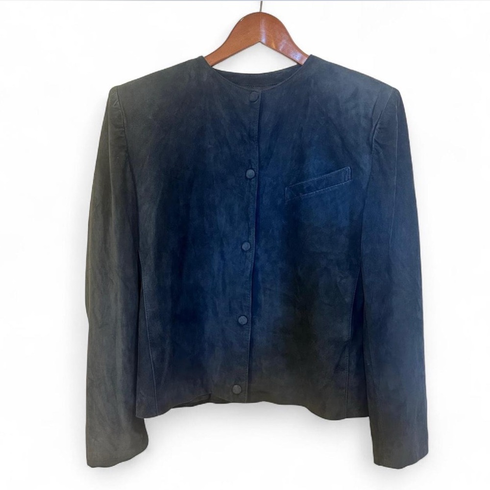 Departure Vintage Dark Blue Distressed Nubuck Leather Collarless Jacket Size 44
